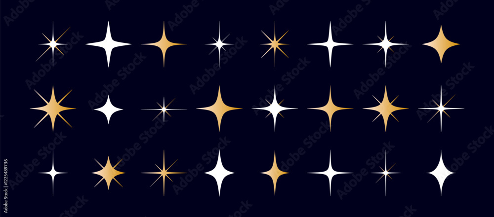 Stars set, sparkle icons collection. Set star abstract shapes. Template for design poster, card, banner. Vintage graphic set of star, light rays. Hand drawn design elements. Vector Illustration