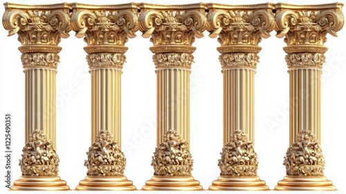 Antique gold pillars set. Ancient columns with golden decorative texture isolated on white background. Roman or greece facade decoration, luxury architecture elements, Realistic 3d vector illustration