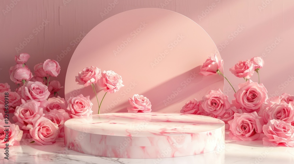 Podium with pink roses on background for displaying products like perfume, jewelry, and cosmetics. Podium with pink roses on background for displaying products like perfume, jewelry, and cosmetics.