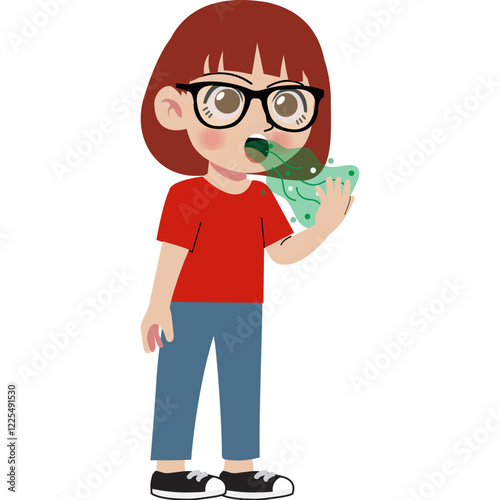 Girl check bad breath in mouth