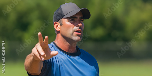 A coach giving signals to a batter from the third base line, his hands moving rapidly in focus.


