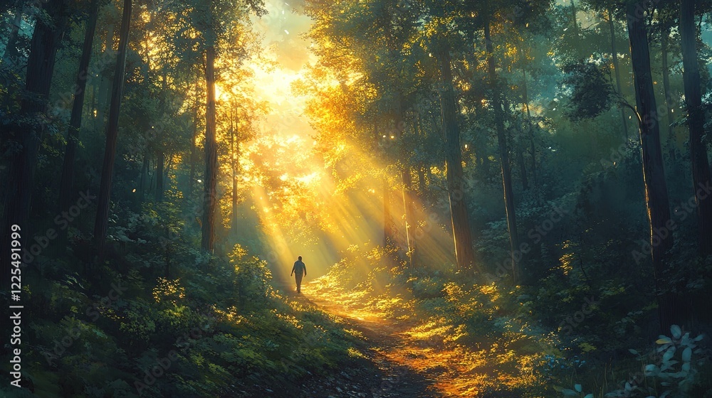 Obraz premium Forest trail with sunlight streaming through trees, hiker exploring, peaceful solitude 