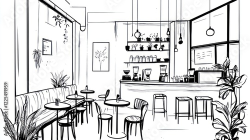 Modern coffee shop interior sketch, plants,  cozy atmosphere,  suitable for print and web photo