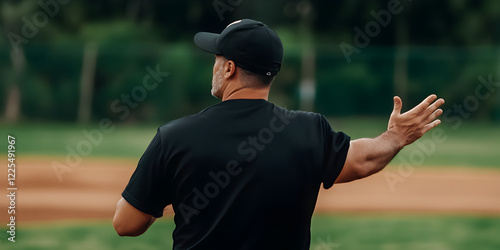 A coach giving signals to a batter from the third base line, his hands moving rapidly in focus.


 photo