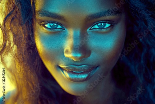 Commercial ad campaign conceptual art visual layout. Lovely smiling black girl - for ads, billboard and internet use. Long trim - highlighted hair. Afro-american portraits. Commercial shoot.