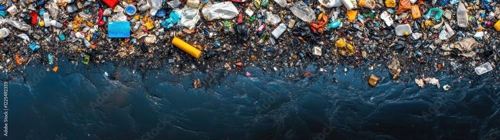 Obraz premium Plastic Pollution Covers Dark Water Surface