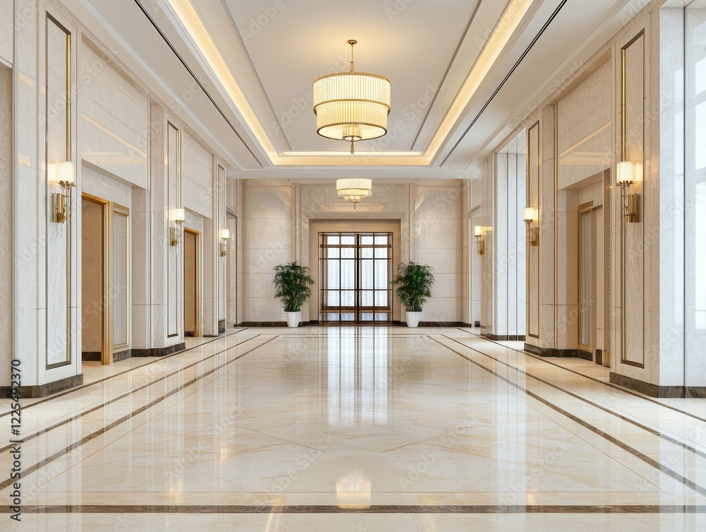 Elegant modern hallway with polished marble floor and bright lighting Elegant modern hallway with polished marble floor and bright lighting