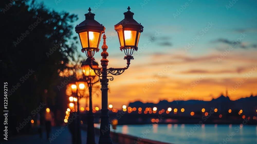 Illuminated street lamps at sunset over a city waterfront Illuminated street lamps at sunset over a city waterfront