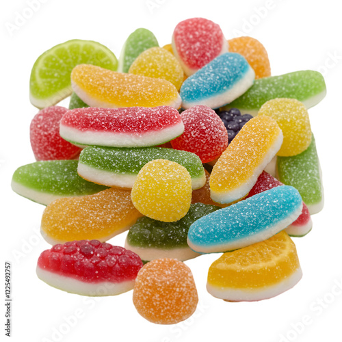 Assorted sugary fruit flavored gummy candy pieces in various vibrant colors displayed against a plain background for a delectable treat
