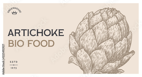 Artichoke, vegetable. Tag, label, sign, vintage retro print, black white artichoke drawing, sketch ink pencil draw, engrave old school style. Sketch artwork silhouette artichoke. Vector Illustration