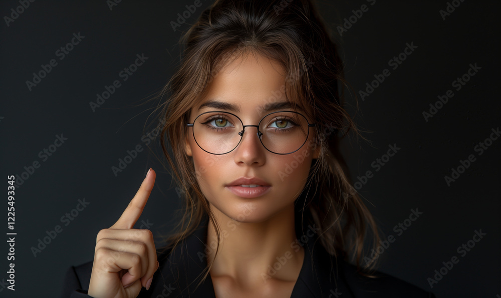 Young woman on gray background, pointing with index finger. Young woman on gray background, pointing with index finger.