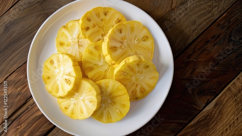 Sliced raw breadfruit prepared for frying on white plate photo