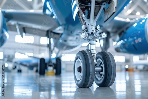Wallpaper Mural A close-up view of an aircraft's landing gear, showcasing the wheels and structural components inside a bright hangar setting. Torontodigital.ca