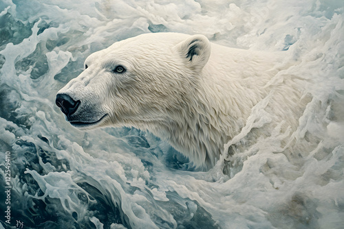 Close-up of a polar beara??s white fur blending into the Arctic ice, capturing the harsh ecosystem photo