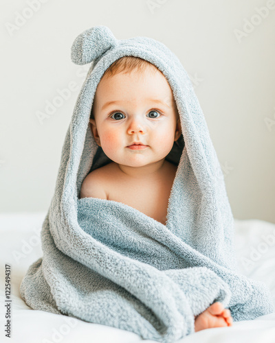 A baby is wrapped in a towel and is looking at the camera