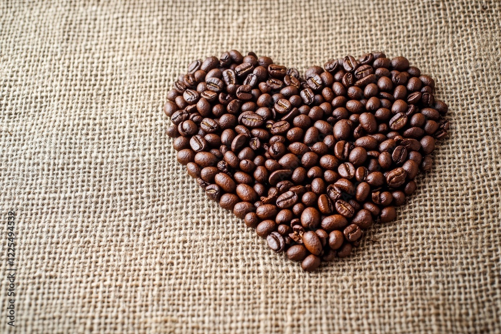 Coffee beans create a heart shape on burlap fabric for a warm and inviting atmosphere Coffee beans create a heart shape on burlap fabric for a warm and inviting atmosphere
