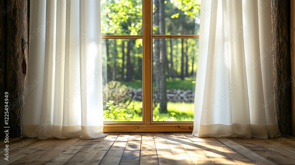 Sunlit Window with Sheer Curtains Overlooking a Forest Sunlit Window with Sheer Curtains Overlooking a Forest