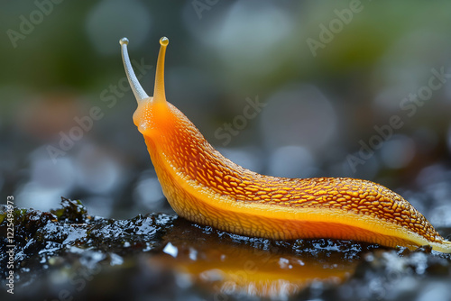 Close-up of a saffron-colored slug crawling with a shimmering slime trail, natural wonder