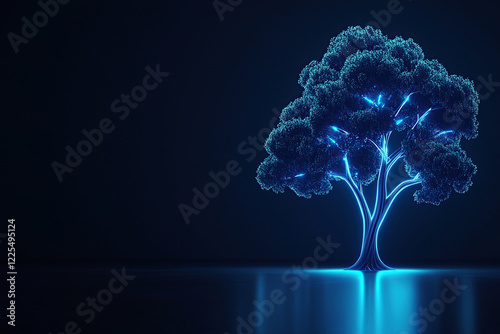 glowing tree with branches of conversion data symbols stands illuminated against dark background, reflecting on smooth surface. vibrant blue light creates futuristic and digital atmosphere