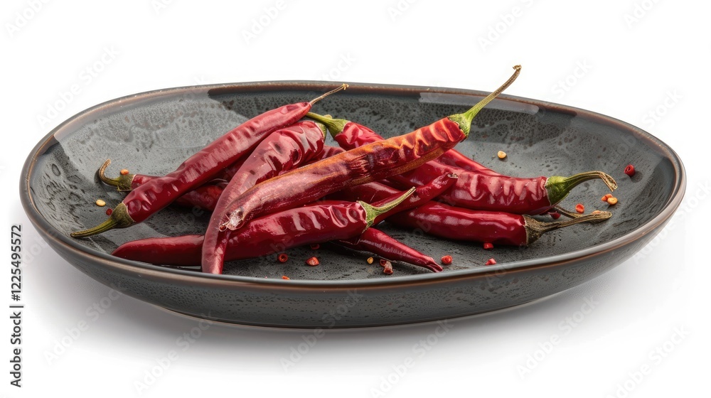 Template for food presentation on a gray ceramic plate with dried hot peppers, isolated on white. Template for food presentation on a gray ceramic plate with dried hot peppers, isolated on white.