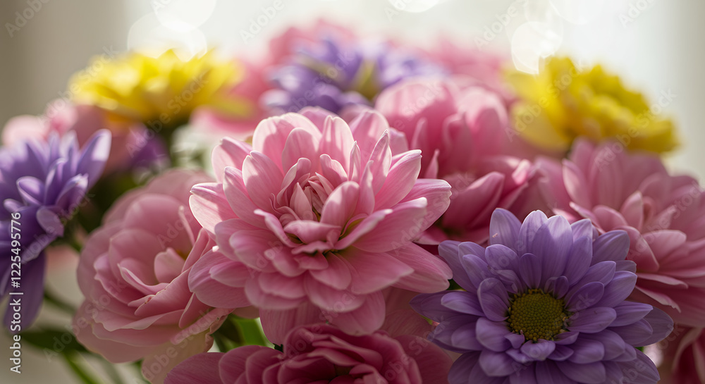 Pastel Pink, Purple, and Yellow Chrysanthemum Bouquet in Soft Light Pastel Pink, Purple, and Yellow Chrysanthemum Bouquet in Soft Light
