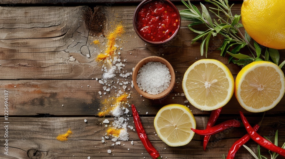 Top view of cooking setup with lemon, red chili sauce, and salt on wooden table.