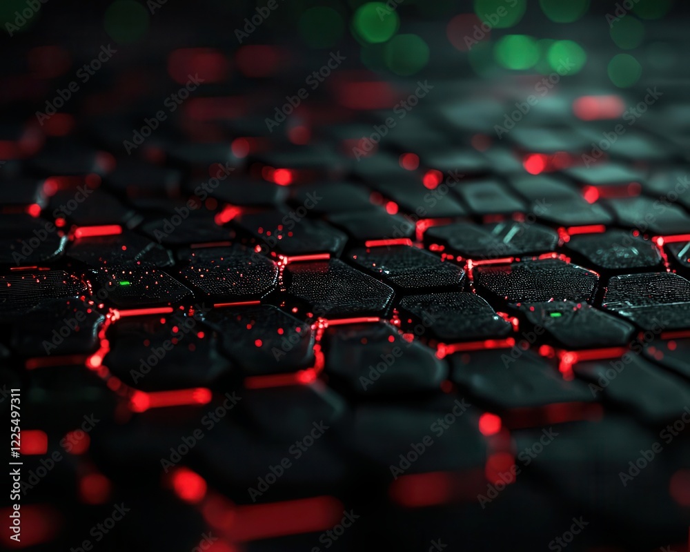 Obraz premium Abstract cyber grid showing vulnerabilities and defenses, glowing red and green nodes, cyber threat system concept