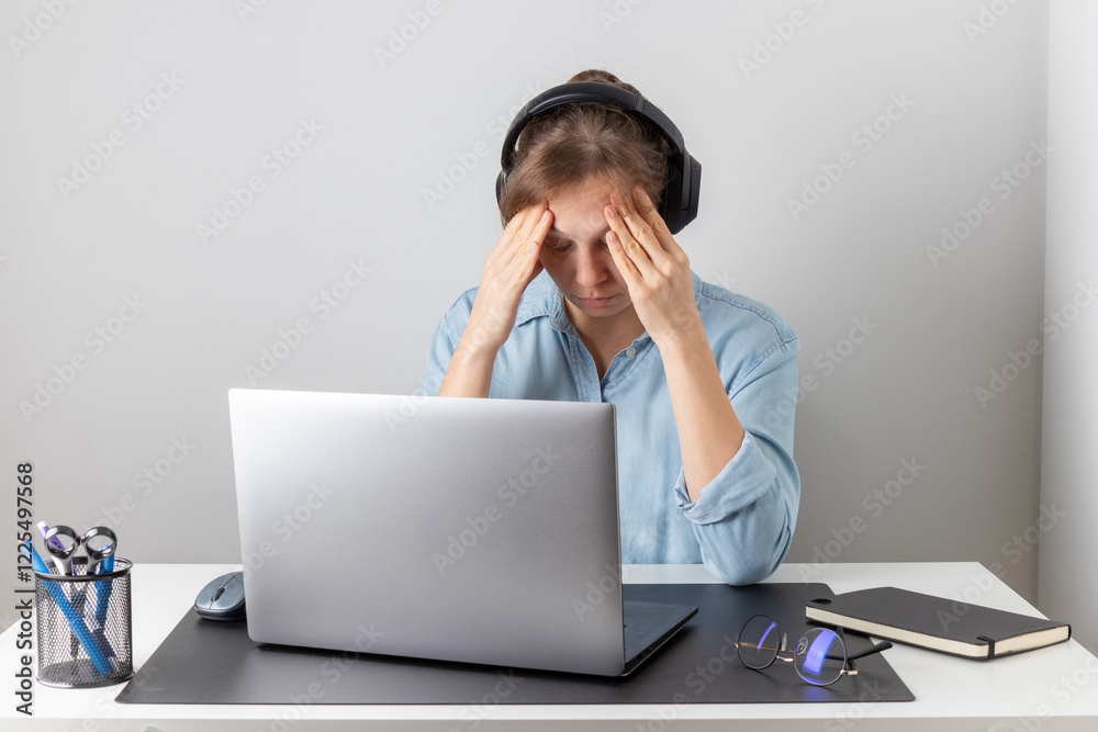 An overworked female freelancer is tired and stressed behind her laptop. Exhaustion and burnout problem of remote working. Woman struggles with fatigue and job-related stress An overworked female freelancer is tired and stressed behind her laptop. Exhaustion and burnout problem of remote working. Woman struggles with fatigue and job-related stress