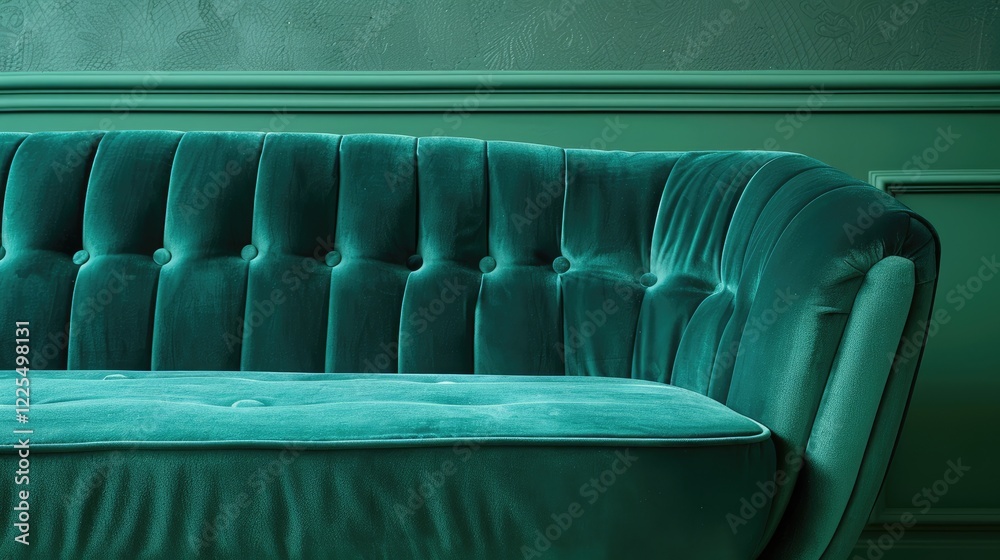 Obraz premium Vintage sofa in emerald velour fabric with elegant stitching.