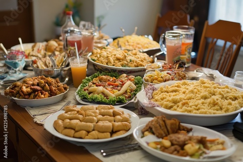 A Thanksgiving feast table with an array of junk food as sides photo