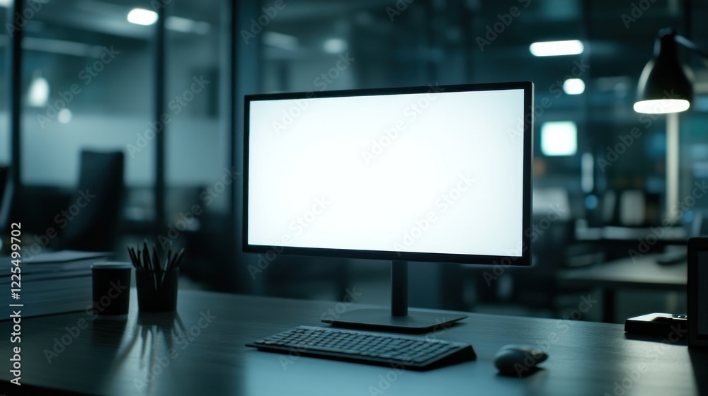 Modern Desktop Computer in a Dimly Lit Office Modern Desktop Computer in a Dimly Lit Office