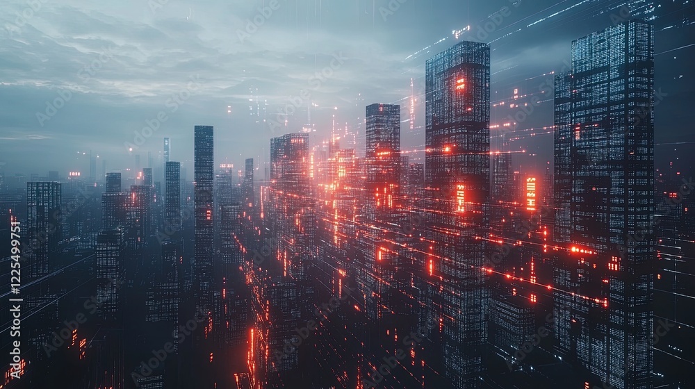 Fototapeta premium Futuristic city under cyber attack, data streams corrupted, buildings flickering with glitches 