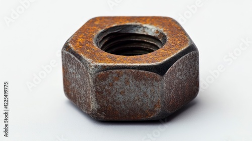 A hexagonal metal nut with a rusty texture on a white background, macro photography, hyper-realistic photo, stock photo, high resolution.