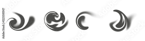 Complex vortices in various blurry forms form an abstract composition, demonstrating the dynamic interaction of noise and visual rhythm on a white background.