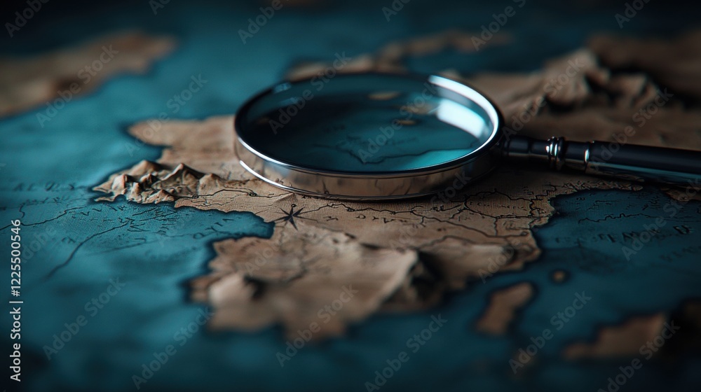 Magnifying glass on an ancient world map Magnifying glass on an ancient world map