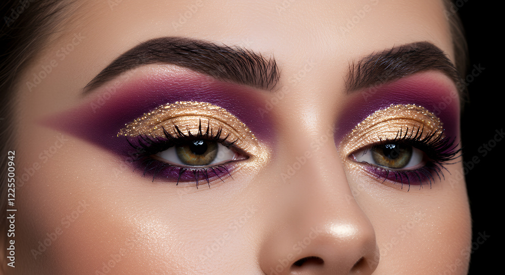 Naklejka premium Close-up of Glamorous Purple and Gold Eye Makeup with Sparkling Glitter