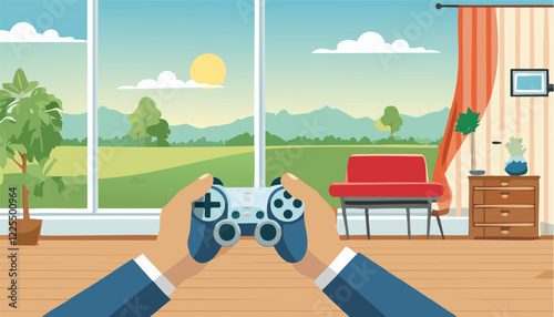 Man resting in front of a game console. Man's hands holding a joystick for a console or gamepad on the background of a panoramic window