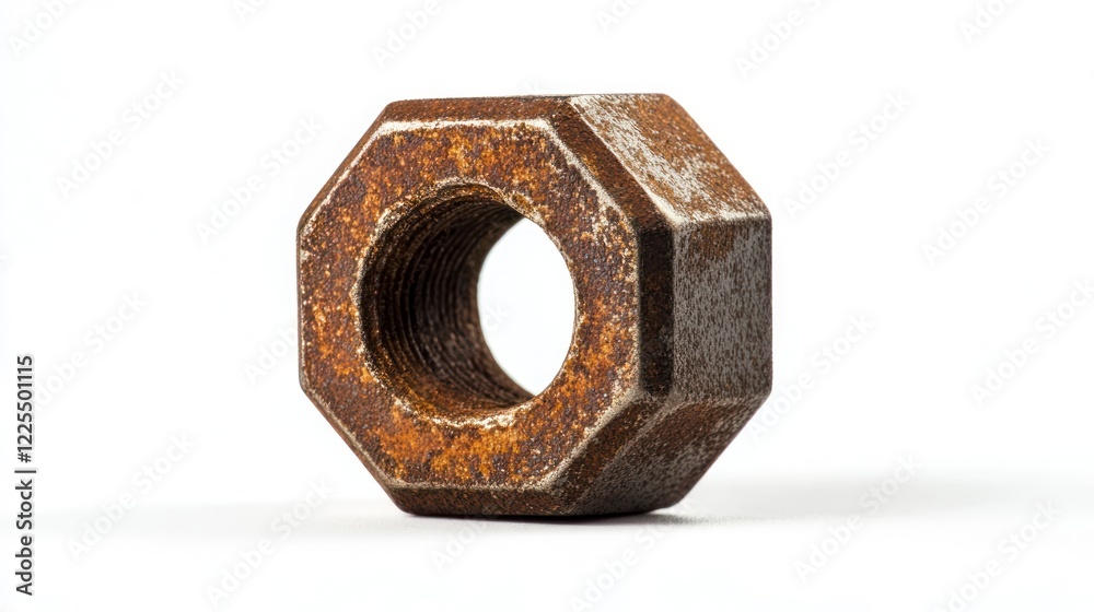 A hexagonal metal nut with a rusty texture on a white background, macro photography, hyper-realistic photo, stock photo, high resolution. A hexagonal metal nut with a rusty texture on a white background, macro photography, hyper-realistic photo, stock photo, high resolution.