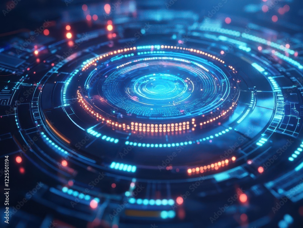 futuristic technology interface with glowing circuit patterns, holographic displays, blue digital aesthetics