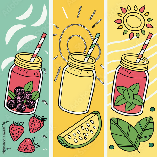 Healthy smoothie jars with fresh fruits and vibrant backgrounds