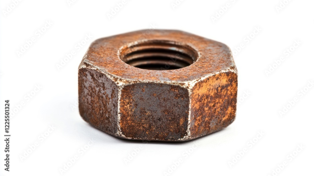 A hexagonal metal nut with a rusty texture on a white background, macro photography, hyper-realistic photo, stock photo, high resolution. A hexagonal metal nut with a rusty texture on a white background, macro photography, hyper-realistic photo, stock photo, high resolution.