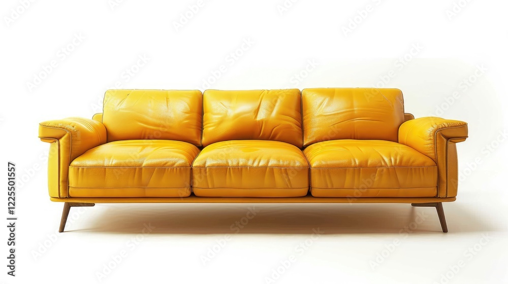 Fototapeta premium Yellow leather sofa with three seats on a white background, seen from the front.