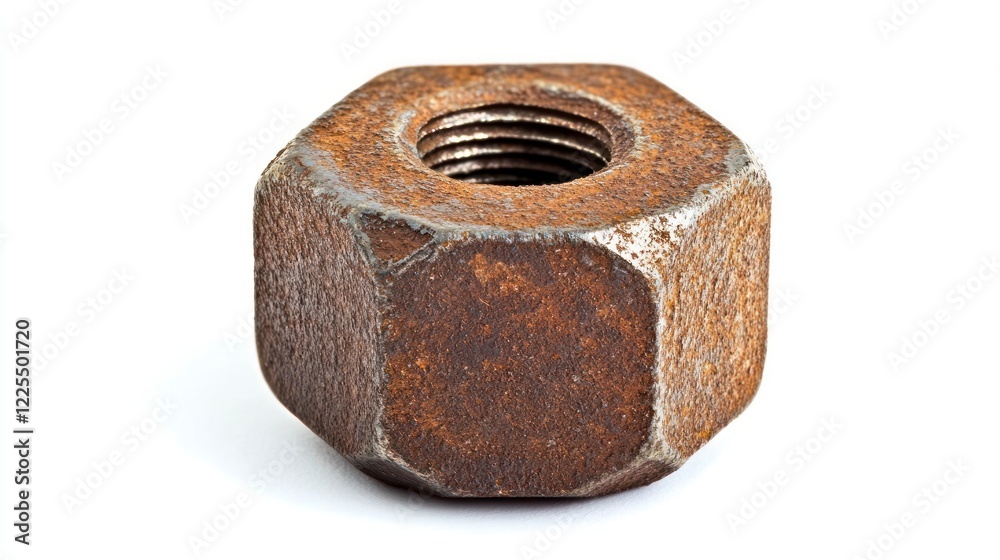 A hexagonal metal nut with a rusty texture on a white background, macro photography, hyper-realistic photo, stock photo, high resolution.