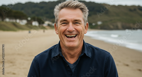 Happy Mature Man Smiling on Beach, Coastal Portrait photo