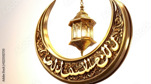 Ramadan Kareem with Golden Crescent Moon and Lantern