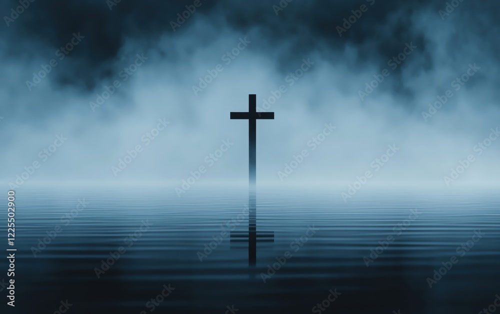 A silhouette of a cross reflecting in calm water, surrounded by a mysterious fog. A silhouette of a cross reflecting in calm water, surrounded by a mysterious fog.