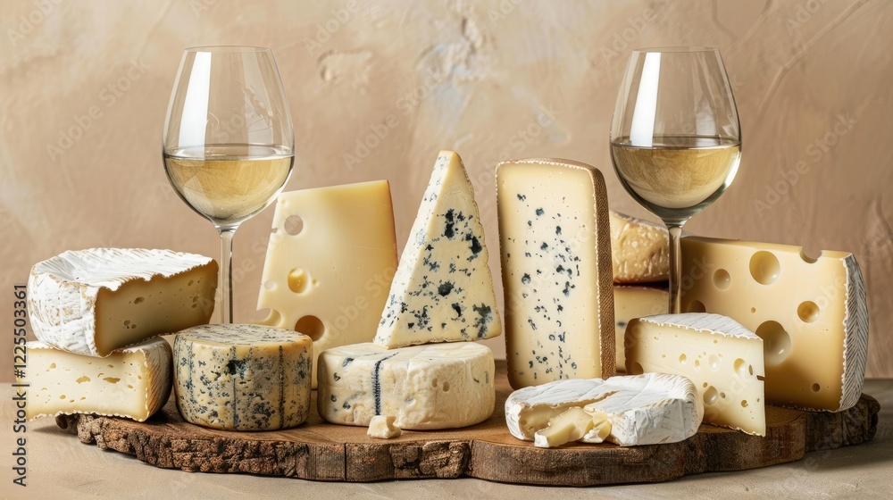 Assorted cheeses and white wine on platter against beige backdrop Assorted cheeses and white wine on platter against beige backdrop
