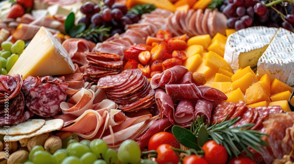 Assortment of meats, cheeses, fruits, and nuts attractively presented on a platter. Assortment of meats, cheeses, fruits, and nuts attractively presented on a platter.