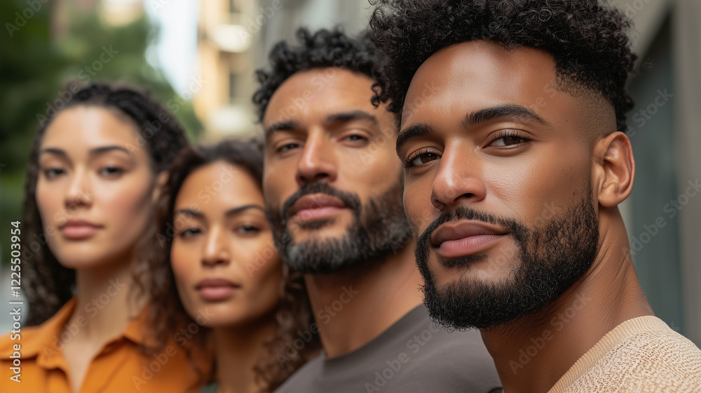 A lineup of diverse individuals standing shoulder-to-shoulder, each looking confidently at the camera. A lineup of diverse individuals standing shoulder-to-shoulder, each looking confidently at the camera.
