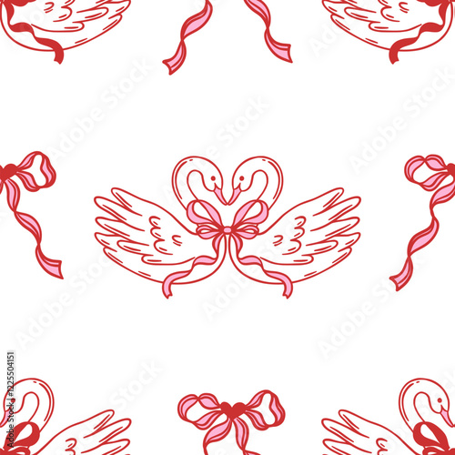 Seamless pink and red pattern featuring two elegant swans forming heart shape with bows. Perfect for romantic Valentines Day design, wedding. Vector background for wallpaper, textile, wrapping paper.